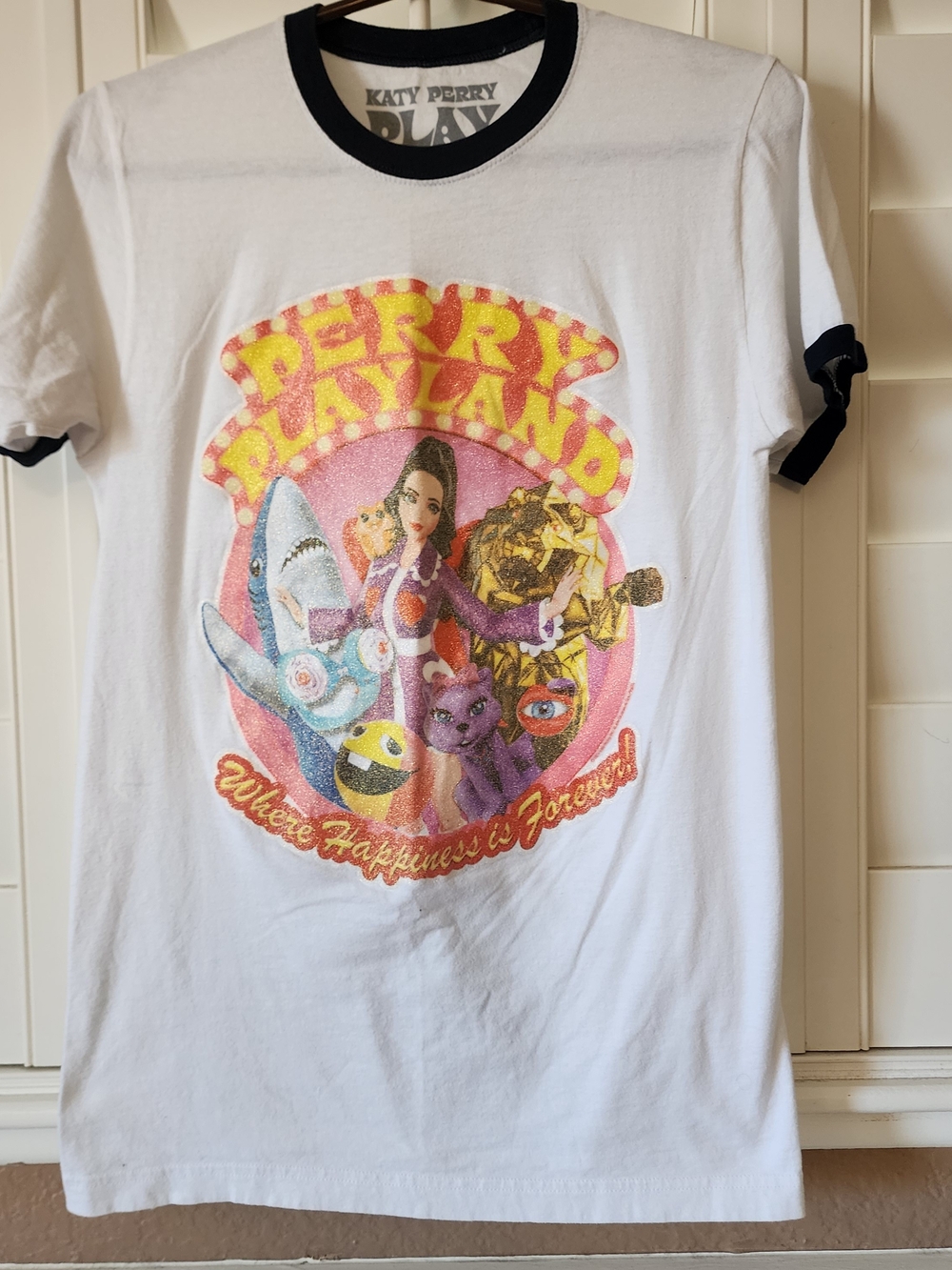 Katy Perry Play White Ringer T-Shirt - 'Perry Playland' Graphic Size Small